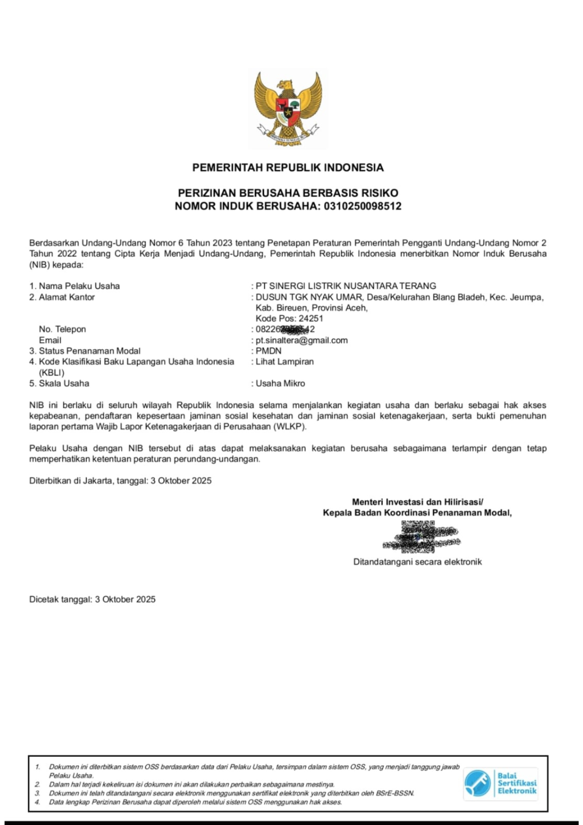 Surat Izin Usaha PT. SINALTERA